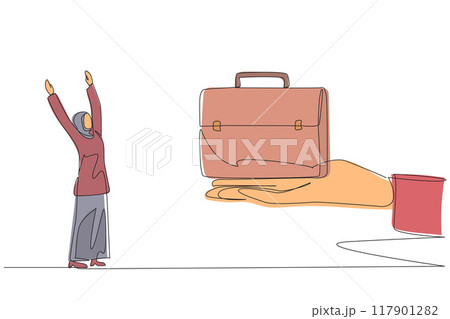 Continuous one line drawing Arabian businesswoman was excited to get the briefcase from giant hand. Capital. Expand business network. Go on a business trip. Single line draw design vector illustration 117901282