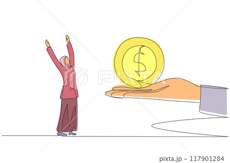 Continuous one line drawing Arabian businesswoman is excited to get dollar symbol coin from a giant hand. Good news. Always make a profit. Good team work. Single line draw design vector illustration 117901284