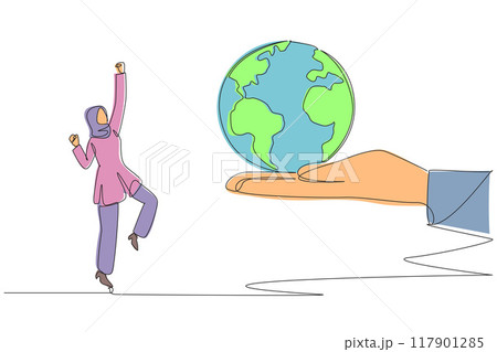 Single one line drawing Arabian businesswoman is excited to get the globe from giant hand. Good news. Successfully expanded the company network. Growing. Continuous line design graphic illustration Single one line drawing Arabian businesswoman is excited to get the globe from giant hand. Good news. Successfully expanded the company network. Growing. Continuous line design graphic illustration 117901285