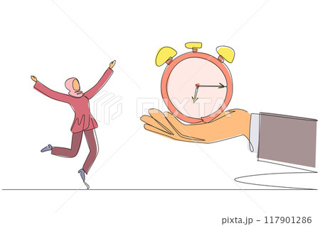 Single one line drawing young Arabian businesswoman excited to get alarm clock from the giant hand. Reminder. Set time to complete deadlines. Success. Continuous line design graphic illustration 117901286