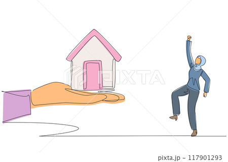 Continuous one line drawing Arab businesswoman excited to get miniature house from giant hand. Challenges need to be better. Investment as well as property. Single line draw design vector illustration 117901293