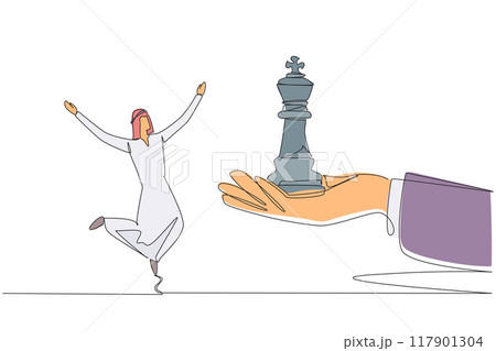 Single continuous line drawing young Arabian businessman excited to get king's chess piece from giant hand. Get support from a team of experts. Business progress. One line design vector illustration 117901304