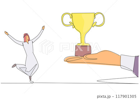 Single one line drawing young Arabian businessman happy to get the trophy from the giant hand. Received a prestigious award. Pride. Expand company. Success. Continuous line design graphic illustration 117901305