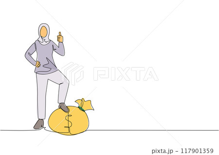 Single continuous line drawing Arabian businesswoman stands with thumbs up pose and steps on money bag with one of her foot. Success is sometimes worth announcing. One line design vector illustration Single continuous line drawing Arabian businesswoman stands with thumbs up pose and steps on money bag with one of her foot. Success is sometimes worth announcing. One line design vector illustration 117901359