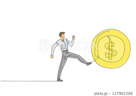 Single one line drawing businessman kicking a big coin with a dollar symbol. Throwing away an opportunity to get a chance. Indifferent to small profits. Continuous line design graphic illustration 117901388