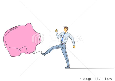 Continuous one line drawing businessman kicking piggy bank. The opportunity to invest is wasted. There is no concern about a better future by investing. Single line draw design vector illustration 117901389