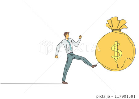 Single continuous line drawing businessman kicking money bag. Throwing away a golden opportunity to make big profits. No investments are empowered. Slow growth. One line design vector illustration 117901391
