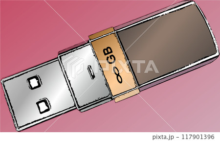 Compact storage device, flash drive. Universal data storage, with a standard USB connector. With an inscription indicating infinity and gigabytes. Compact storage device, flash drive. Universal data storage, with a standard USB connector. With an inscription indicating infinity and gigabytes. 117901396