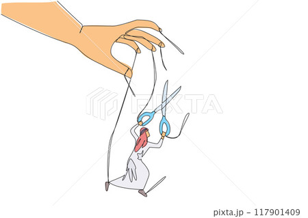 Single continuous line drawing Arabian businessman walking moved by ropes controlled by giant hands. Relying on scissors to escape. Free from restraints. Puppet. One line design vector illustration 117901409