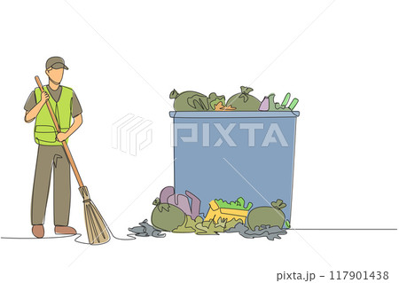 Continuous one line drawing trash man cleans rubbish by sweeping it into a pile of rubbish. With large trash can, it can accommodate all rubbish. Good job. Single line draw design vector illustration Continuous one line drawing trash man cleans rubbish by sweeping it into a pile of rubbish. With large trash can, it can accommodate all rubbish. Good job. Single line draw design vector illustration 117901438