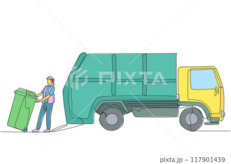 Continuous one line drawing trash woman pulling wheeled trash can towards garbage truck. Using a hat to reduce heat tries to reduce environmental pollution. Single line draw design vector illustration Continuous one line drawing trash woman pulling wheeled trash can towards garbage truck. Using a hat to reduce heat tries to reduce environmental pollution. Single line draw design vector illustration 117901439