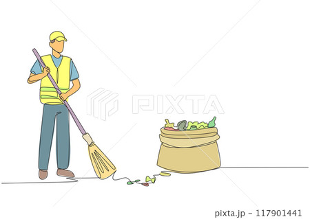 Single one line drawing trash man cleaning trash with broom. Enthusiasm about working to maintain the cleanliness and beauty of nature. Reduce pollution. Continuous line design graphic illustration 117901441