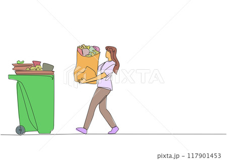 Single continuous line drawing young woman walked carrying a trash bag in both hands towards the trash can. Carry out social actions to care about cleanliness. One line design vector illustration 117901453