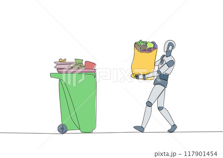 Continuous one line drawing robot walked carrying a trash bag in both hands towards the trash can. Robots help social activities to clean the environment. Single line draw design vector illustration 117901454