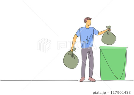 Single one line drawing man puts trash bag into trash can. Environmental care. Maintain cleanliness by throwing rubbish in the right place. Recycling. Continuous line design graphic illustration 117901458
