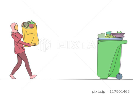Single continuous line drawing young Arabian woman walked carrying a trash bag in both hands towards the trash can. Clean lifestyle. Environmental care. Clear air. One line design vector illustration Single continuous line drawing young Arabian woman walked carrying a trash bag in both hands towards the trash can. Clean lifestyle. Environmental care. Clear air. One line design vector illustration 117901463