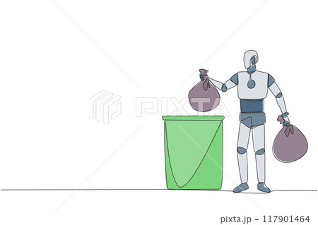 Single continuous line drawing robot puts the trash bag into the trash can. Environmental care. Household assistant robot. Future artificial intelligence concept. One line design vector illustration Single continuous line drawing robot puts the trash bag into the trash can. Environmental care. Household assistant robot. Future artificial intelligence concept. One line design vector illustration 117901464
