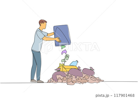Single one line drawing man throws rubbish into rubbish pile. Environmental care. Throwing rubbish not in proper place. Surrounding air becomes less clear. Continuous line design graphic illustration Single one line drawing man throws rubbish into rubbish pile. Environmental care. Throwing rubbish not in proper place. Surrounding air becomes less clear. Continuous line design graphic illustration 117901468