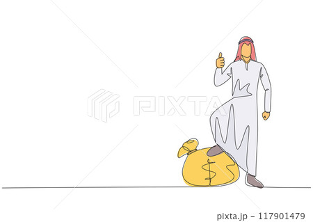 Continuous one line drawing Arabian businessman stands with thumbs up pose and steps on money bag with one of his foot. Shows the great success achieved. Single line draw design vector illustration 117901479