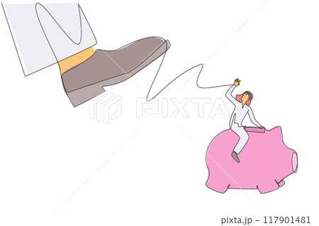 Single continuous line drawing Arabian businessman riding a piggy bank runs away from giant foot. Moving quickly saves assets and profits. For a better future. One line design vector illustration 117901481
