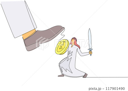 Single continuous line drawing Arab businessman tries to ward off giant foot wants to step on him. Fight against the detrimental rules of tyrannical sovereigns. One line design vector illustration 117901490