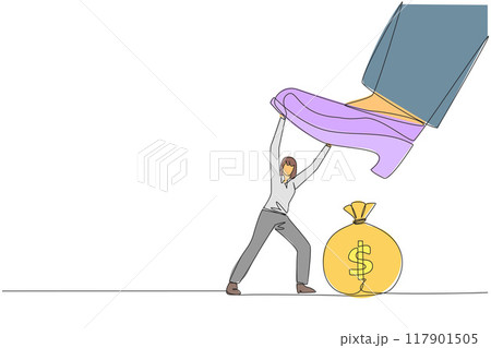 Single continuous line drawing businesswoman holds back the giant foot that wants to step on the money bag. Against the tyrannical sovereigns. Business destroyer. One line design vector illustration 117901505