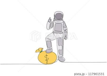 Continuous one line drawing astronaut stands with thumbs up pose and steps on money bag with one of foot. Give ready sign for expedition. Cosmonaut space. Single line draw design vector illustration Continuous one line drawing astronaut stands with thumbs up pose and steps on money bag with one of foot. Give ready sign for expedition. Cosmonaut space. Single line draw design vector illustration 117901531