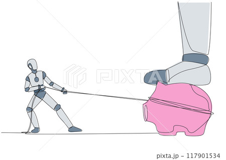 Single continuous line drawing smart robot tries to take piggy bank stepped on by giant foot. With artificial intelligence, pulling with a rope. Technology AI. One line design vector illustration 117901534