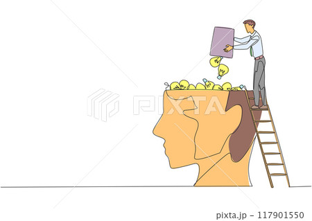 Single continuous line drawing businessman climb to the large, open head with stairs. Throw away the lightbulb. Convey some ideas to increase profits. Brainwashing. One line design vector illustration 117901550