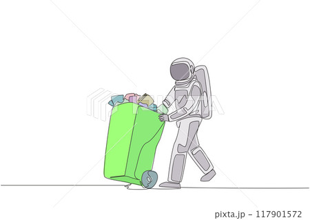 Single continuous line drawing astronaut pushing a trash can filled with wads of paper. Throw away training notes that are no longer used during space expeditions. One line design vector illustration Single continuous line drawing astronaut pushing a trash can filled with wads of paper. Throw away training notes that are no longer used during space expeditions. One line design vector illustration 117901572