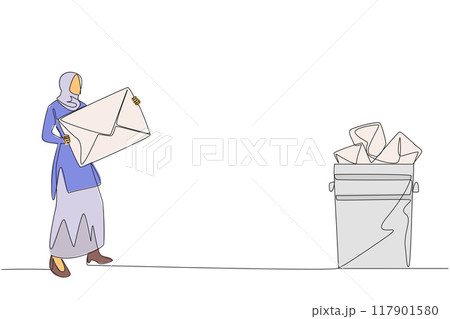 Continuous one line drawing Arab businesswoman throw the large envelope in trash. Delete digital data that is considered unimportant. Prone to data theft. Single line draw design vector illustration Continuous one line drawing Arab businesswoman throw the large envelope in trash. Delete digital data that is considered unimportant. Prone to data theft. Single line draw design vector illustration 117901580