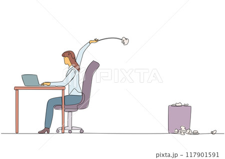 Single one line drawing businesswoman typing at a work desk throwing wads of paper into the trash. Failed to make monthly reports. Not focused. Disturbance. Continuous line design graphic illustration 117901591