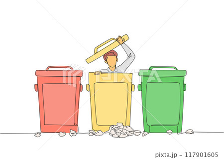 Continuous one line drawing businessman peeking out of trash can, there were lots of wads of paper. Frustration. Disguise so that whereabouts are not known. Single line draw design vector illustration Continuous one line drawing businessman peeking out of trash can, there were lots of wads of paper. Frustration. Disguise so that whereabouts are not known. Single line draw design vector illustration 117901605