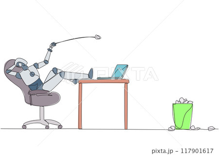 Single one line drawing robot sitting in chair throwing wads of paper into the trash. Trying to reprogram artificial intelligence. Looking for better idea. Continuous line design graphic illustration Single one line drawing robot sitting in chair throwing wads of paper into the trash. Trying to reprogram artificial intelligence. Looking for better idea. Continuous line design graphic illustration 117901617