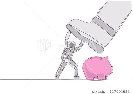 Continuous one line drawing astronaut holds back giant foot wants to step on piggy bank. Precautions not to disrupt preparations for space expeditions. Single line draw design vector illustration Continuous one line drawing astronaut holds back giant foot wants to step on piggy bank. Precautions not to disrupt preparations for space expeditions. Single line draw design vector illustration 117901622