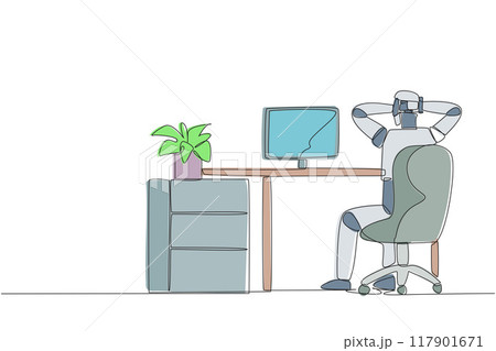 Single one line drawing robot sitting in chair with his hands holding the back of head. Take a break. Monitor test results. Reading the bug. Future tech AI. Continuous line design graphic illustration 117901671