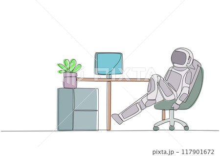 Continuous one line drawing astronaut sits in work chair with one of legs raised and folded. Relax. A daily activity plan for space expedition is done. Single line draw design vector illustration 117901672