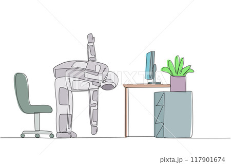 Single continuous line drawing astronaut stands with one hand raised and the other hand holding the tip of leg. Warm up before writing a space expedition report. One line design vector illustration 117901674