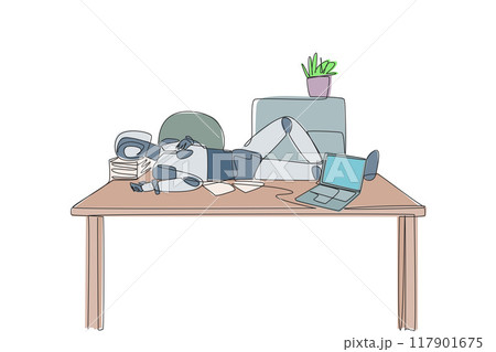 Continuous one line drawing robot fell asleep on the table with a pillow from a pile of papers. Advanced code program. Getting smarter about light sensors. Single line draw design vector illustration Continuous one line drawing robot fell asleep on the table with a pillow from a pile of papers. Advanced code program. Getting smarter about light sensors. Single line draw design vector illustration 117901675
