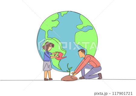 Continuous one line drawing girl standing watering the plants. Teaching environmental care from an early age. World environment day. Earth day. Protect. Single line draw design vector illustration Continuous one line drawing girl standing watering the plants. Teaching environmental care from an early age. World environment day. Earth day. Protect. Single line draw design vector illustration 117901721