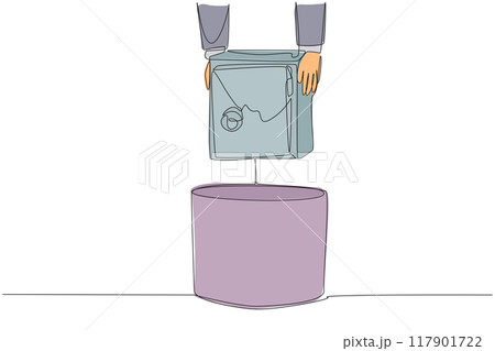 Continuous one line drawing businessman's hand throwing away broken safety box. It's no longer reliable. Replace to avoid leaking a lot of data. Wrecked. Single line draw design vector illustration 117901722