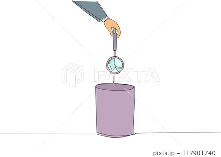 Single continuous line drawing businessman's hand throwing away broken magnifier. Doesn't have optics. Cannot be used for research. Cannot be used for searching. One line design vector illustration Single continuous line drawing businessman's hand throwing away broken magnifier. Doesn't have optics. Cannot be used for research. Cannot be used for searching. One line design vector illustration 117901740