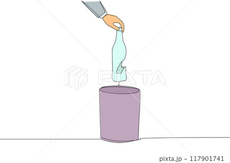 Single one line drawing businessman's hand throwing away a broken bottle. Dangerous. Can be used as sharp weapon. Must be thrown away immediately. Cracked. Continuous line design graphic illustration 117901741