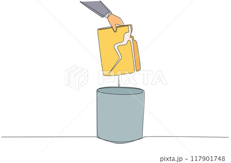Single continuous line drawing businessman's hand throwing away a broken folder. Replacing archives. Avoid leaks of highly confidential personal data. Wrecked. One line design vector illustration Single continuous line drawing businessman's hand throwing away a broken folder. Replacing archives. Avoid leaks of highly confidential personal data. Wrecked. One line design vector illustration 117901748