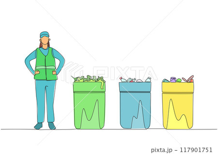 Continuous one line drawing trash woman standing near three trash cans. Waste grouping. Organic trash. Inorganic waste. Hazardous waste. No pollution. Single line draw design vector illustration 117901751
