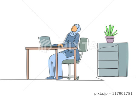 Single one line drawing Arab woman sitting in work chair typing on laptop with head tilted. Stiff neck. Less stretching. Less relaxed. Too serious. Hectic. Continuous line design graphic illustration 117901781
