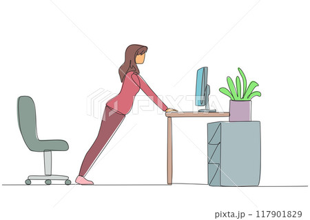 Continuous one line drawing woman do push up movements by holding edge of work table. Overcome boredom with light exercise. Helps stay focused. Overtime. Single line draw design vector illustration Continuous one line drawing woman do push up movements by holding edge of work table. Overcome boredom with light exercise. Helps stay focused. Overtime. Single line draw design vector illustration 117901829