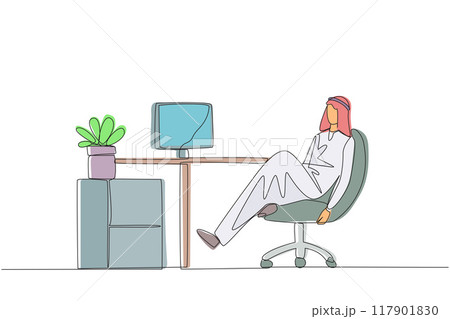Single continuous line drawing Arab man sits in work chair with one of legs raised and folded. Take a break from busy overtime on weekend. Restore the mood. Hectic. One line design vector illustration Single continuous line drawing Arab man sits in work chair with one of legs raised and folded. Take a break from busy overtime on weekend. Restore the mood. Hectic. One line design vector illustration 117901830