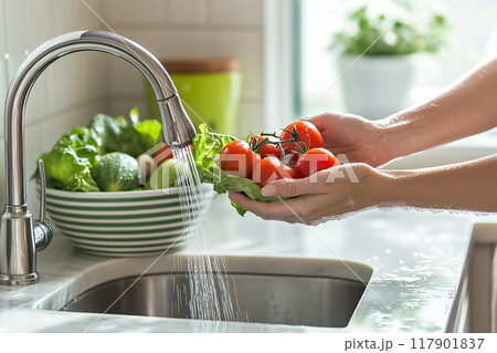 トマトを洗う手元のクローズアップ 117901837