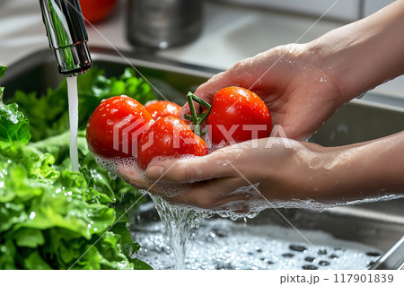 トマトを洗う手元のクローズアップ 117901839